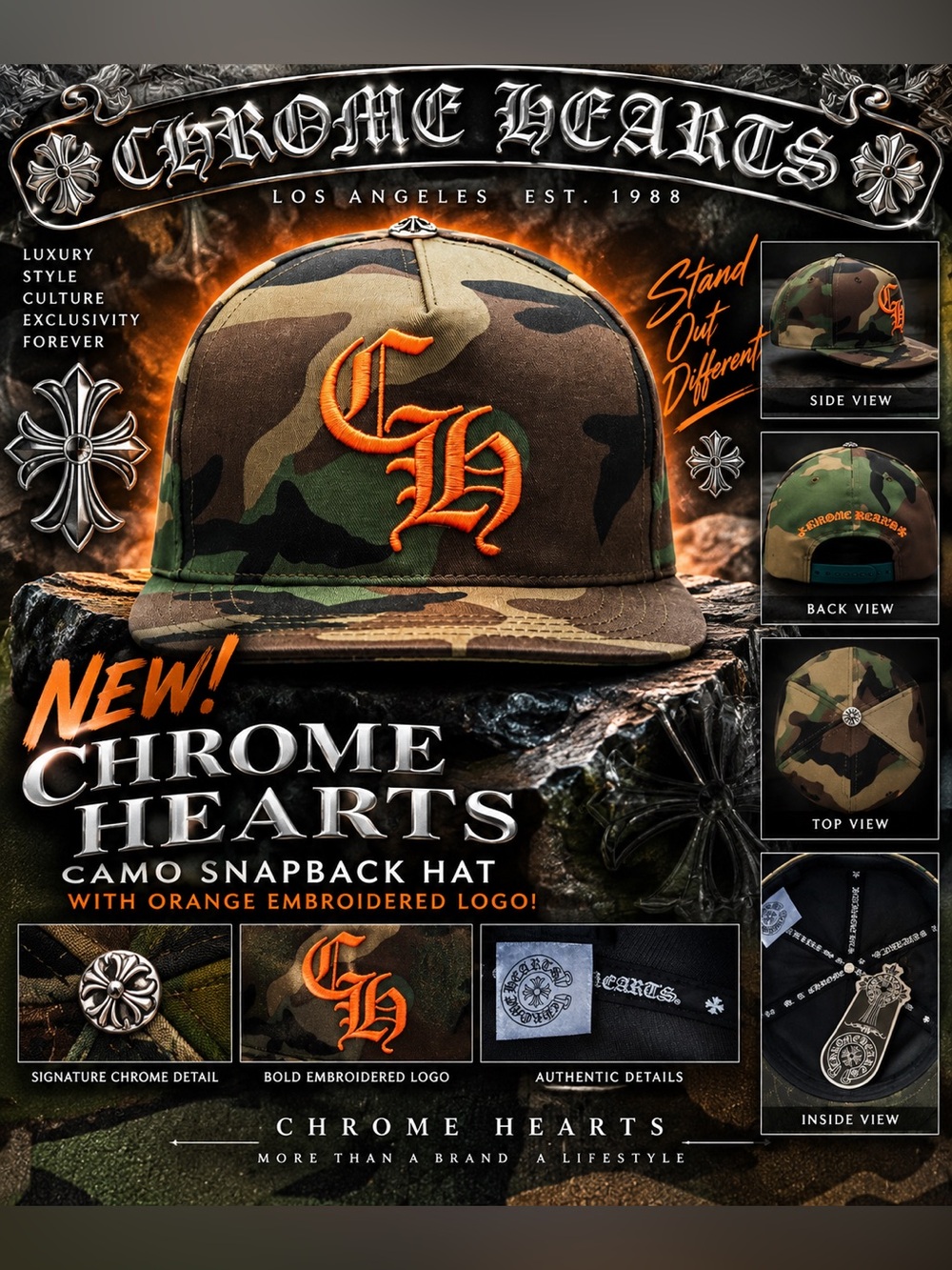 New!🔥Chrome Hearts Camo Snapback Hat with Orange Embroidered Logo!🔥